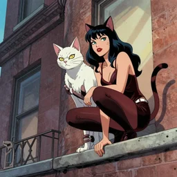 Cat Women crouches on edge of building, in style of Mark Brooks and Artgerm