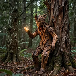 a wood spirit in the trees with will o the wisp, photorealistic, by wlop, 4 k resolution h 7 6 8
