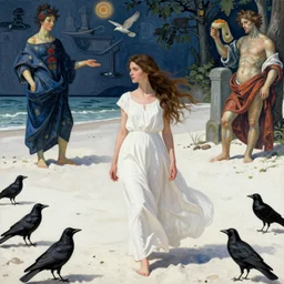 a girl with long white long dress walking in white sand beach some crows around her by egon schiele and michael angelo, baroque, neo Gothic,matte painting, baroque detailes,photo real,concept art,highly detailed,sharp lines, hdri, 4k