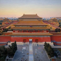 a painting by hiroshi nagai of a chinese palace at dusk. hq scan.
