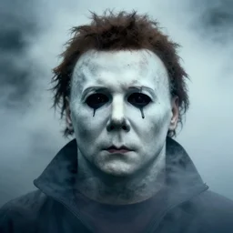 close up of michael myers face emerging from dense fog, digital art