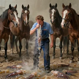 a putrefying portrait photograph of a janitor who is gradually being invaded by horses. the floor is covered in a thick layer of gelatin and the janitor is coughing up a fine mist of squids and tadpoles