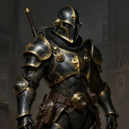 picture of city enforcer, male, armor, helmet, steampunk tech, black and gold, grimdark, digital painting, highly detailed, smooth, sharp contrast, by artgerm and greg rutkowski and alphonse mucha, artstation