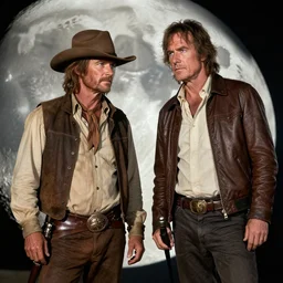 wyatt earp and doc holliday exploring the moon, kurt russell and val kilmer, hyperrealistic, volumetric golden dappled dynamic lighting, highly detailed, sharp focus, by victo ngai, artgerm