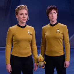 Scarlett Johansson and Tribbles in a scene from Star Trek, volumetric lighting