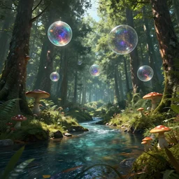 unreal engine render of a forest in daylight with flying mandelbulbs and clear river, mushhrooms, nebula n - 9
