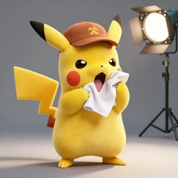 sneezing cute detective sneezing pikachu wiping face with rag at a photoshoot studio lighting by annie leibovitz