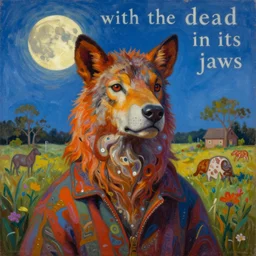 bright dramatic lighting colorful oil painting titled'with the dead moon in its jaws ', magical realism folk art, portrait of hybrid animal protagonist in a rural area, highly detailed, painted by charles wysocki and grandma moses, shocking detail trending on artstation 8 k