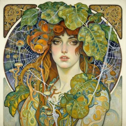 an insanely detailed oil painting of a woman, intricate detailed leaves, spiderweb, mycelia, by ruan jia, fantasy, hyper detailed, colorfull, intense colors, concept art, by greg rutkowski, by alphonse mucha, by moebius
