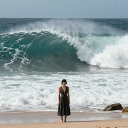 fashion editorial in front of giant tsunami waves, on the beach. wide angle shot. highly detailed.