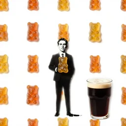 pattern of gummy bears and grandes by banksy, in the style of max wertheimer, wolfgang kohler, and kurt koffka
