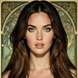 an art nouveau, ( streamline moderne ) portrait of megan fox in the style of anna dittmann and charlie bowater and loish. long windblown hair, very large, clear, expressive, and intelligent eyes. symmetrical, centered, ultrasharp focus, dramatic lighting, photorealistic digital matte painting, intricate ultra detailed background.