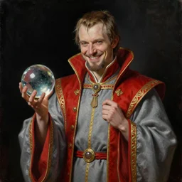 petyr baelish smirking dressed in grey robes with red and gold trim, slightly turned to the right, ultra detailed, oil painting, holding a crystal ball, standing with a black background, high quality,