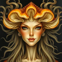 perfectly centered portrait front view of a beautiful biomechanical mushroom goddess, flowing hair, intense stare, sweet smile, symmetrical, concept art, intricate detail, volumetric shadows and lighting, realistic oil painting by tim hildebrandt,