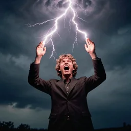 kodachrome film photograph of geert wilders standing, raising both hands and emitting lightning, shouting, crazy eyes, atmospheric lighting, dark clouds, sinister, by joel meyerowitz, by saul leiter