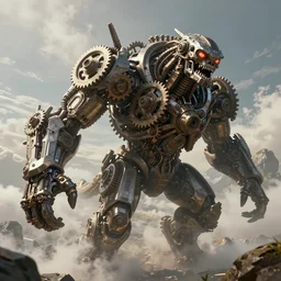 A huge monster made of gear, machine, rock, releasing steam, floating in the sky, by Greg Rutkowski, artstation, ue5