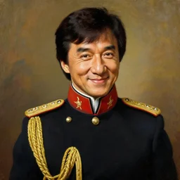 napoleon style portrait of jackie chan smiling in formal military suit, classical, realism, oil on canvas, colorful