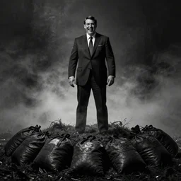 Ted Cruz with a wide grin standing on a hill with a body bags on the ground, black and white, creepy lighting, foggy atmosphere, scary, horror, ornate, eerie, fear