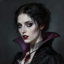 head and shoulder professional portrait of a victorian female vampire, painted in the style of bloodborne, interesting color use, vampire fashion, highly detailed, melancholy, vampire teeth
