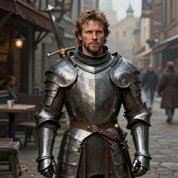 a detailed matte portrait of an jensen ackles in steel plate armor, detailed face, very large longsword leaning against the side of a tavern, city streets, masterpiece, 8 k, art by donato giancola and greg rutkowski and wayne barlow and zdzisław beksinski