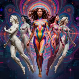 full body Zendaya by Jean-Baptiste Carpeaux and Luo Li Rong and Michael James Talbot as goddess, all body, floating in space. perfect symmetrical face, colorful, psychedelic psychedelic colors, fractals, fresh rainbow bodypainting, synthwave, in full growth, elegant, realistic, 8K, female full-skin figure, hyperrealism, subsurface scattering, raytracing, rim light, Octane Render, Redshift, Zbrush, Alex Grey, Zdzisław Beksiński, complex psychedelic glitch background