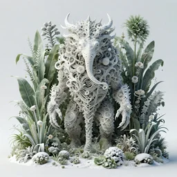 creature in a lush trunda vegetation, snow :: by Michal Karcz, Daniel Merriam, Victo Ngai and Guillermo del toro :: ornate, dynamic, particulate, intricate, elegant, highly detailed, centered, artstation, smooth, sharp focus, octane render, 3d
