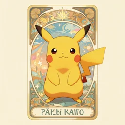 Pikachu tarot card, art nouveau style, painterly, digital art, ornate borders, intricate details, dream atmosphere, light toned, pastel colors, cute, adorable, concept art, Pixiv, Deviantart, Behance, trending on artstation, by Naoki Saito and James jean and James Gurney and Alphonse Mucha