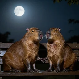 Two capybaras sitting on a park bench with their bodies touching each other, holding hands in the moonlight.