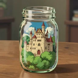 Castle in the Sky style, by Miyazaki Hayao inside of a glass mason jar, on a wooden desk