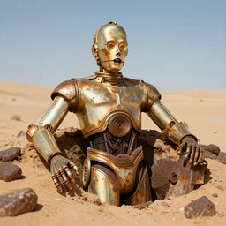 rusted c 3 po forgotten in the desert, halph burried, realistic, 4 k, rusted