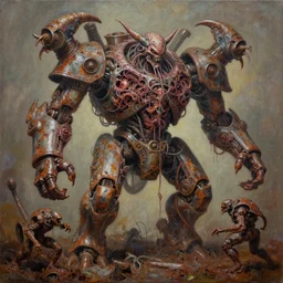 thick acryilic painting on necrotic skin of flayed god machines, cluster battle chaos creatures, intricately macerated by age, sentient, dethroned goliath machine, whipping blood turbines, hydrocracking battles, rusted, macerated, eviscerated by fimbria wires, bicornate fungal pit, trash patina sheen rotting, by alberto bontemp