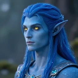 A blue skinned male elf with yellow eyes, noble, forwards facing, centered, profile shot, fair, fantasy concept art, beautiful, mystical eyes, magical lighting, mystical, shimmers, nature, Artstation, instagram