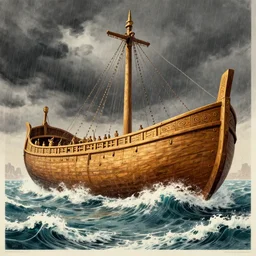 huge ancient massive mesopotamian biblical noah's ark encounter wooden curved hulled boat on huge stormy turbulent waves seas dark clouds and rain no people, limited neutral palette, by pascal campion, petros afshar, anton fadeev, dean ellis, randolph stanley hewton, beautiful graphic, propaganda poster art 1 9 7 0 s illustrated advertising art, painterly design
