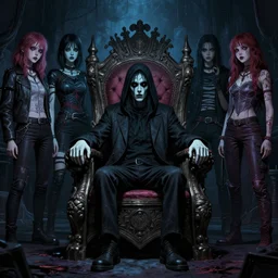 a haunted man sitting in a throne, surrounded by your alternative personalities in lowbrow art style