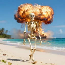 relaxed skeleton walking on a tropical beach, nuclear bomb explosion in the background, high quality, trending on Artstation, realistic, tropical color scheme, anatomically correct skeleton, high coherence, clear blue sky