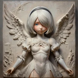 hybrid nierautomata painting, ambient lighting, infinitely detailed body and face, cute and fine face and body. angel relief, fine art, infinitely detailed architectures. clothes