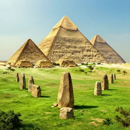 symmetry!! the lost ancient megalithic builders, ancient egypt pyramids, lush green, surreal landscape, very detailed, perfect composition, perfect lighting, 4 k, trending on artstation, greg rutkowski, derek zabrocki, artgerm, cgsociety, octane render