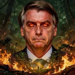 Jair Bolsonaro president of Brazil with angry evil eyes burning the amazon, dark lighting artwork by Sergey Kolesov