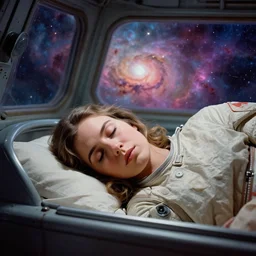close face portrait of Mila Kunis sleeping in a cryo pod in a derelict space ship, saturated nebula through large windows, 1970, Ludek Pesek, Rick Guidice, Chesley Bonestell, Lucien Rudaux, Rolf Klep, Fred Freeman, George Pal