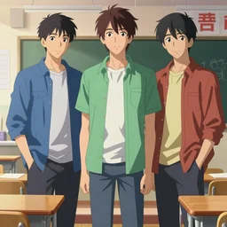 high school classroom scene spring setting, expert high detail concept art, perfect proportions defined face, tall handsome guys, bold colors, colorful, sharp focus, realistic shaded lighting artistic, ilya kuvshinov, katsuhiro, jeremy lipkin, makoto shinkai, loish and clamp style, trending on art station, best selling artist