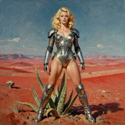 A mixed media portrait painting of a beautiful blonde woman posing on an alien plant in a barren red desert, soldier, futuristic sci-fi armored one-piece swimsuit and boots, detailed Aesthetic! face and eyes, slavic, scientist, by Beeple, Frank Frazetta, Greg Rutkowski, Christian MacNevin, Boris Vallejo, epic fantasy character art, high fantasy, CGsociety, 60's Sci-fi Pinup, exquisite detail, post-processing, masterpiece, cinematic, crysis