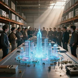 large group people in a huge warehouse, looking at hologram of futuristic city on a table | cinematic concept art | sunlight godrays | 4 k | clear details | tabletop model | tabletop model | hologram foreground