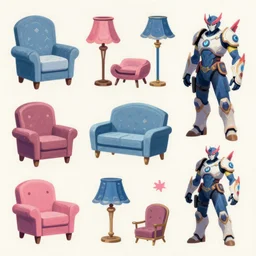 game asset of furniture and decoration junkyard, in gouache detailed paintings, props, stylized, 2 d sprites, kitbash, arcane, overwatch, blue and pink color scheme, 8 k, close up
