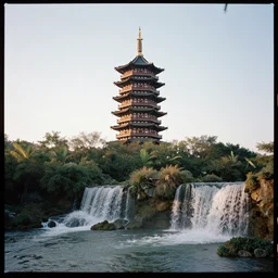 kodak portra 4 0 0 photo of detailed ancien chines tower, with waterfalls and river, golden hour, wide angle, 3 5 mm, sharp focus, soft light, volumetric light, in the style of gregory crewdson, masterpiece