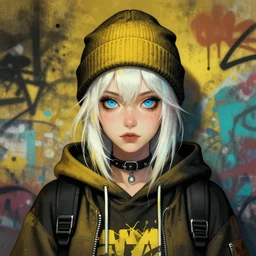 highly detailed portrait of a sewerpunk student lady, blue eyes, hoody, beanie hat, white hair by atey ghailan, by greg tocchini, by jim mahfood, by greg rutkowski, by joe fenton, by kaethe butcher, gradient yellow, black, brown and cyan color scheme, grunge aesthetic!!! ( ( graffiti tag wall background ) )