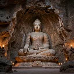 giant! Buddha!!!! statue!!, carved into a Martian!!! lava cave, candlelit, cavernous interior wide shot, rough!, detailed, lava rock, elegant, concept artwork by Thomas Cole and Tim Hildebrandt