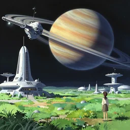 A space station with grass fields and futuristic buildings orbiting saturn, extra detailed, digital illustration, by Makoto Shinkai and thomas kinkade, digital painting, Matte painting, trending on artstation and unreal engine