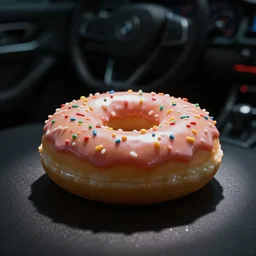 Donut car, a studio shot, dark atmosphere, sharp focus, bokeh, movie shot, cinematic perspective, full hd, Vibrant colors