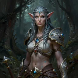 painted portrait of female draenei shaman, world of warcraft, standing in the dark forest, upper body, fantasy intricate elegant extremely detailed digital painting trending artstation concept art sharp focus illustration art by gustave courbet greg rutkowski craig mullins