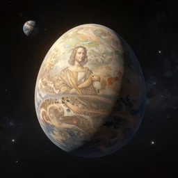 3d render of an egg shaped planet flying through interstellar space depicted by Leonardo da Vinci